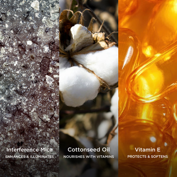 Three-panel ingredient image featuring interference mica, cottonseed oil, and vitamin E, with on-image text highlighting illuminating, nourishing, and skin-softening benefits.
