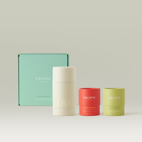 Tropic Confidence Skincare Deodorant Starter Kit with reusable applicator and two refills in Blood Orange & Cedar and Gingergrass & Lime.