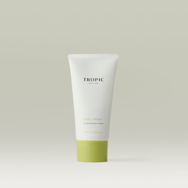Tropic Body Care Feel Fresh Antiperspirant Cream tube, 80ml, in white with a sage green cap, on a light grey background.