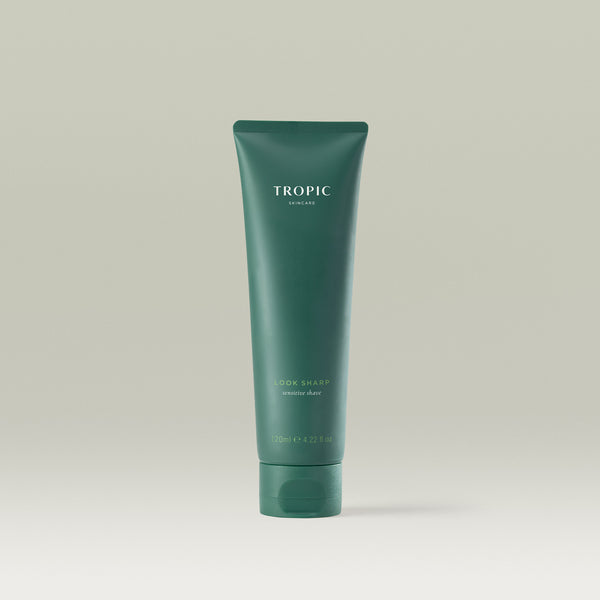 Tropic Look Sharp sensitive shave tube with black oat, Tazman pepper extract, and aloe vera juice, designed for a smooth and gentle shave.