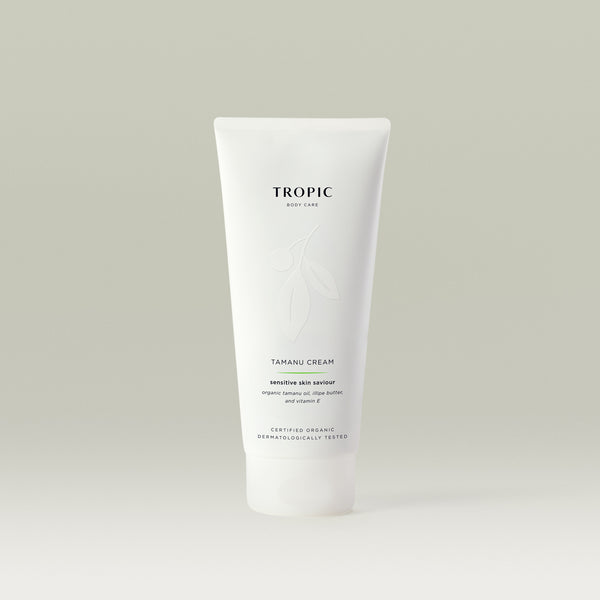 Tropic Tamanu Cream sensitive skin saviour in a white tube, shown against a soft neutral background.